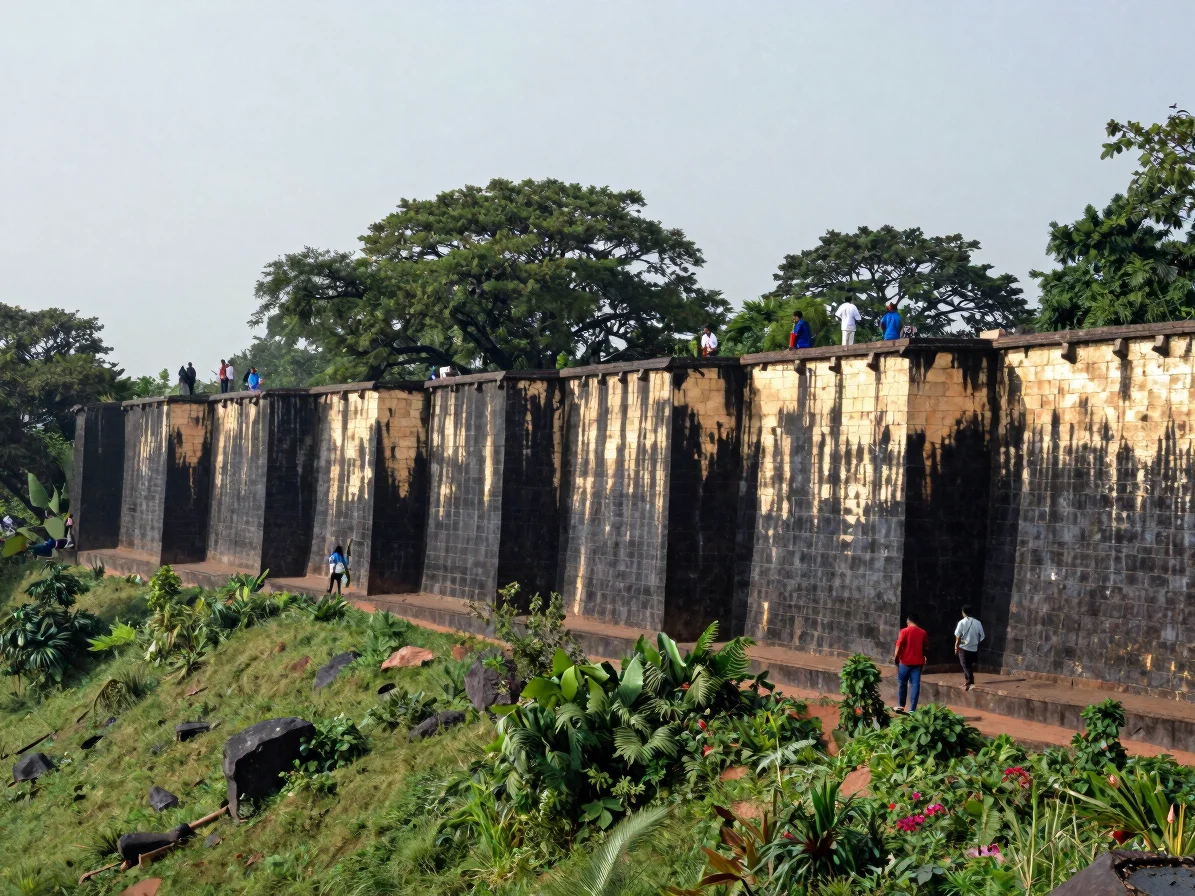 Editorial travel photograph of a basalt fort wall on a Deccan hil