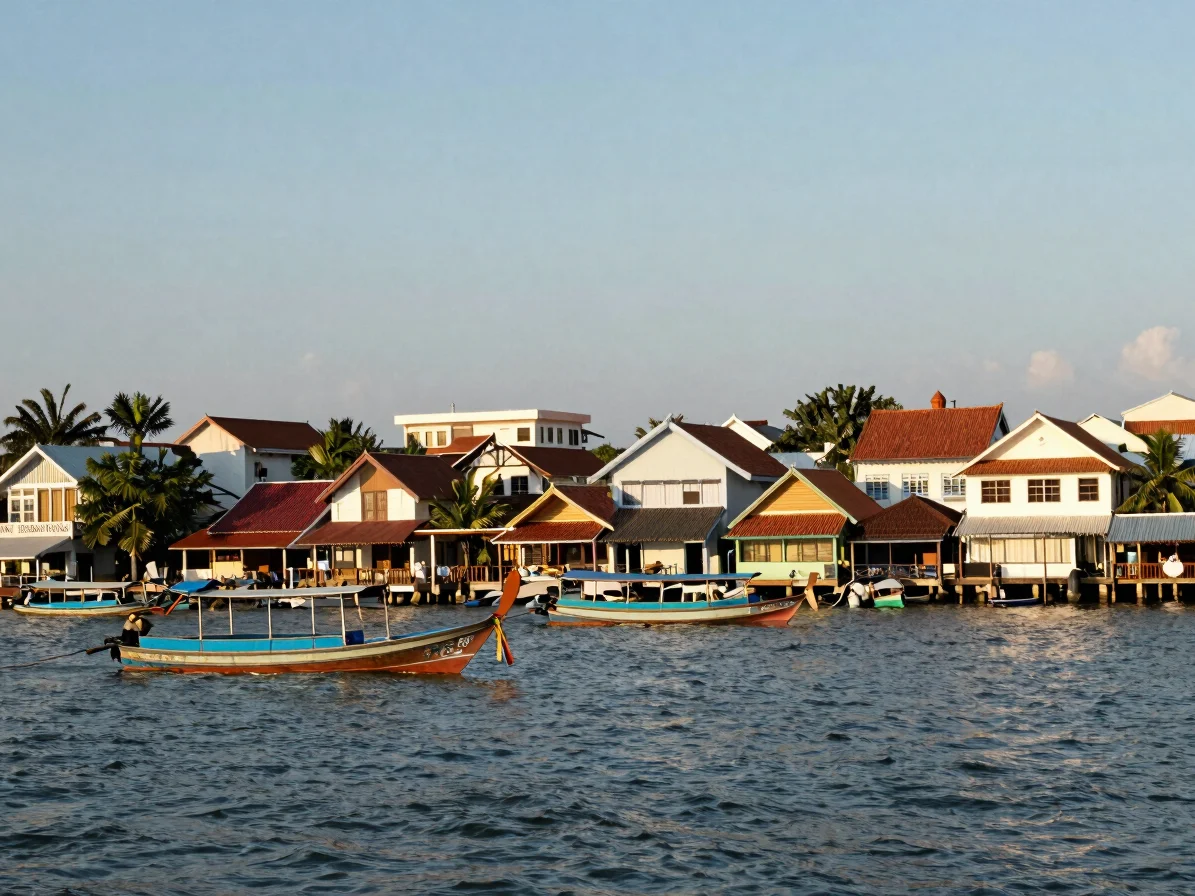 Editorial travel photograph of a Southeast Asian harbour town wit
