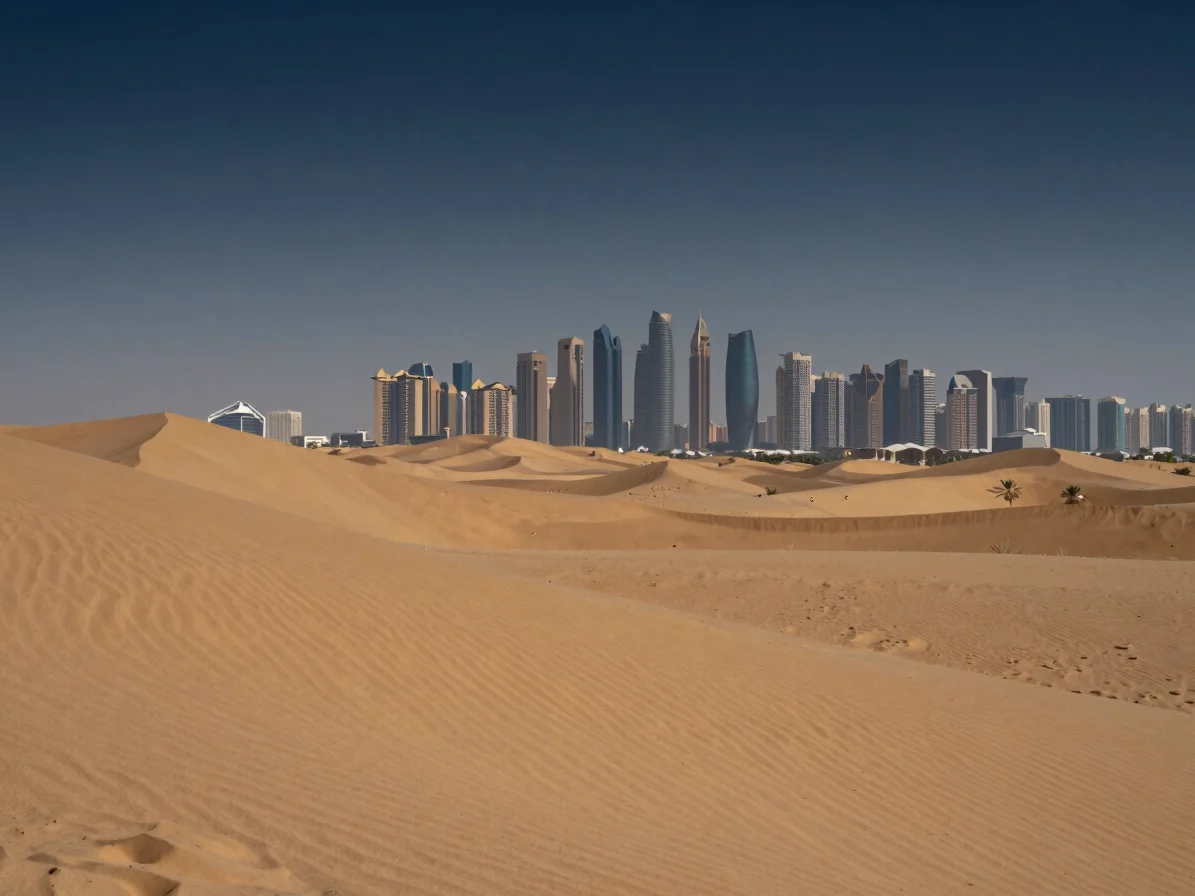Editorial travel photograph of a golden desert dune at dusk besid