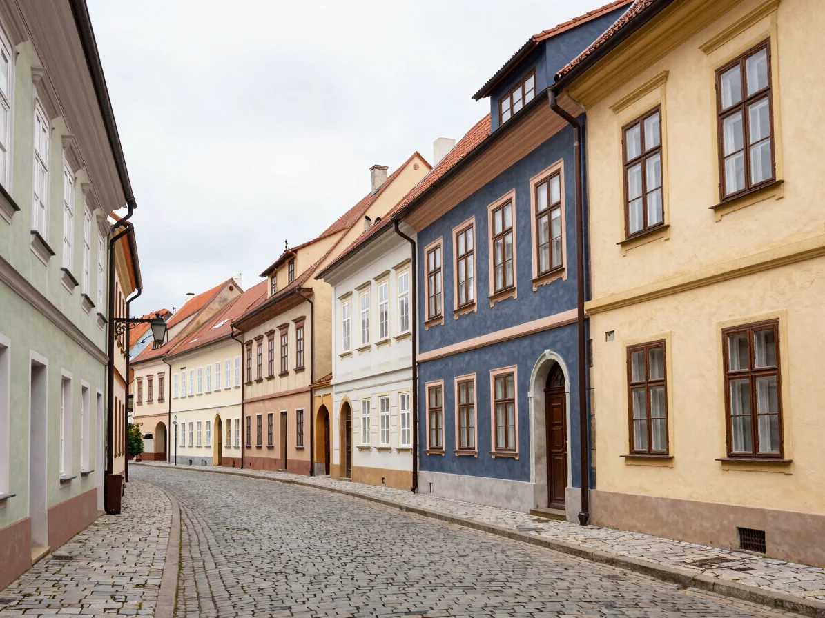 Editorial travel photograph of a European old town street with pa
