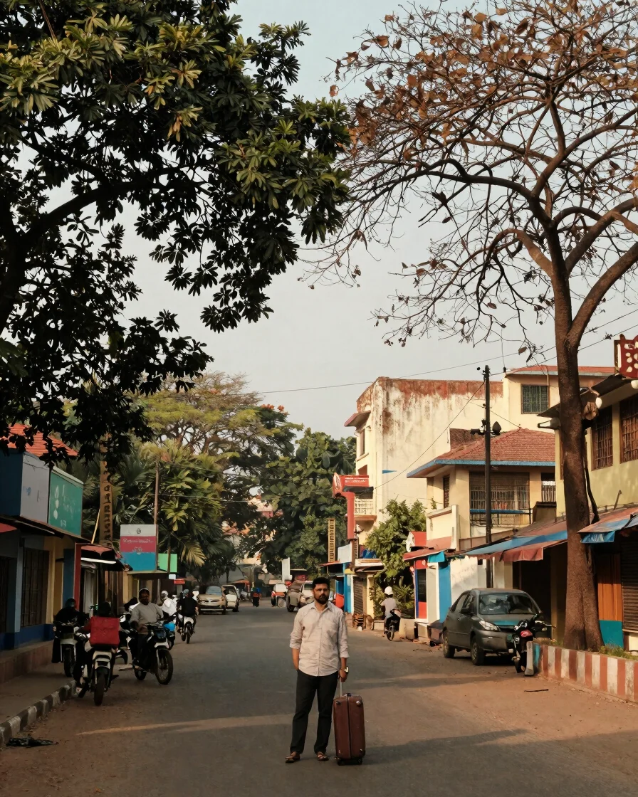 Editorial travel photograph of a Pune street in soft overcast day